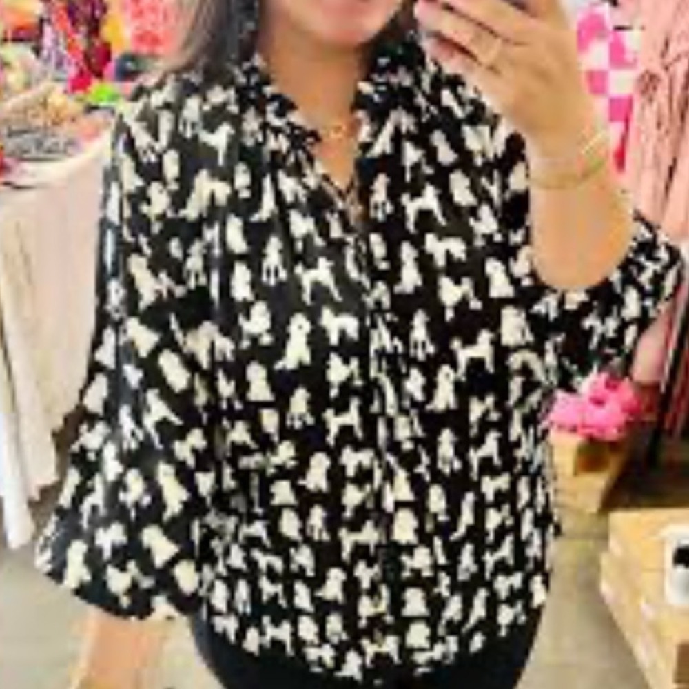 New ENTRO Black White Poodle Dog Print Ruffle Neck Tie Blouse Doodle‎ dolman S M